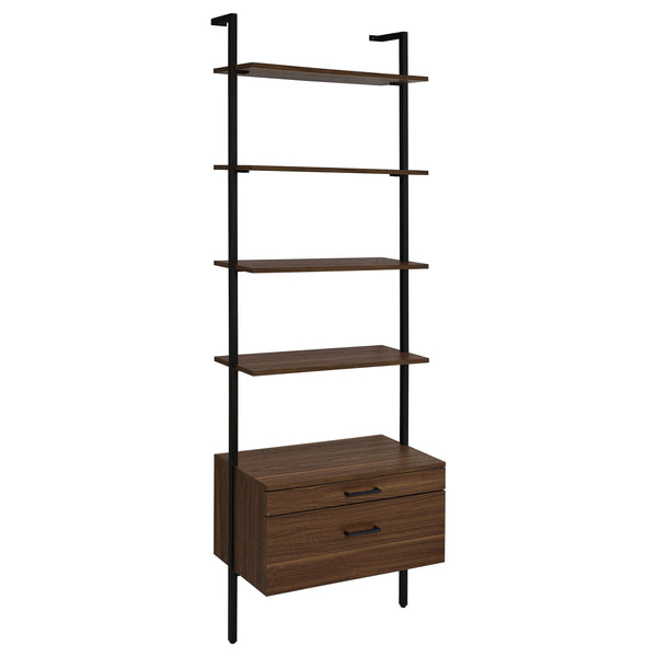 Play up the light, airy ambiance of a modern space while making use of every inch with a modern wall bookcase. It features four floating upper shelves and a lower case with two drawers, perfect for a blend of storage and display in any room. The shelves a