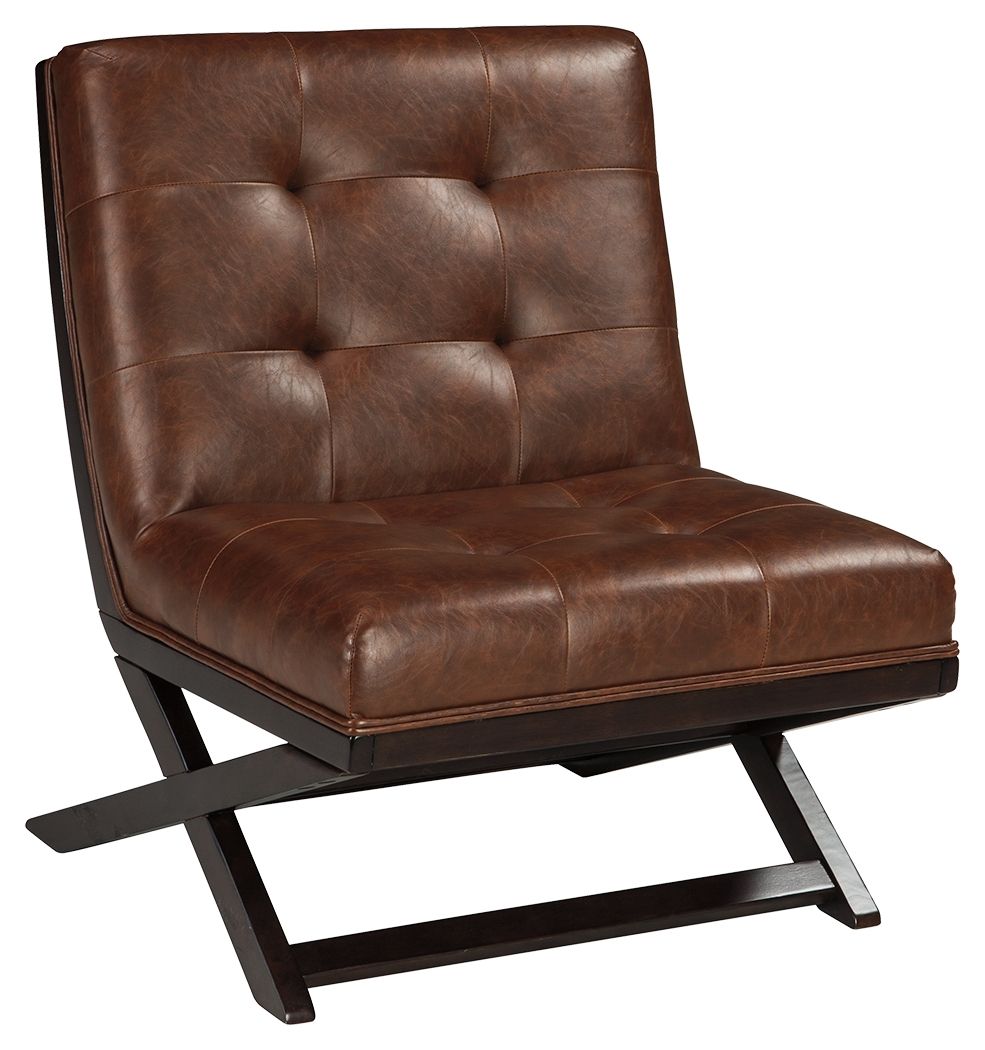 Inspired by the quintessential Barcelona chair, this contemporary accent chair with scissor base is high design on a comfortable budget. Fabulous faux leather is enhanced with button tufting. Armless design is an especially smart choice for small spaces.<