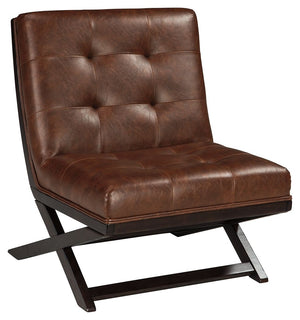 Inspired by the quintessential Barcelona chair, this contemporary accent chair with scissor base is high design on a comfortable budget. Fabulous faux leather is enhanced with button tufting. Armless design is an especially smart choice for small spaces.<