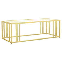 This modern rectangular coffee table features a clear tempered glass top paired with a geometric base made from heavy-gauge metal with a sleek electroplated finish. The open design offers a contemporary aesthetic, blending elegance with durability. Perfec