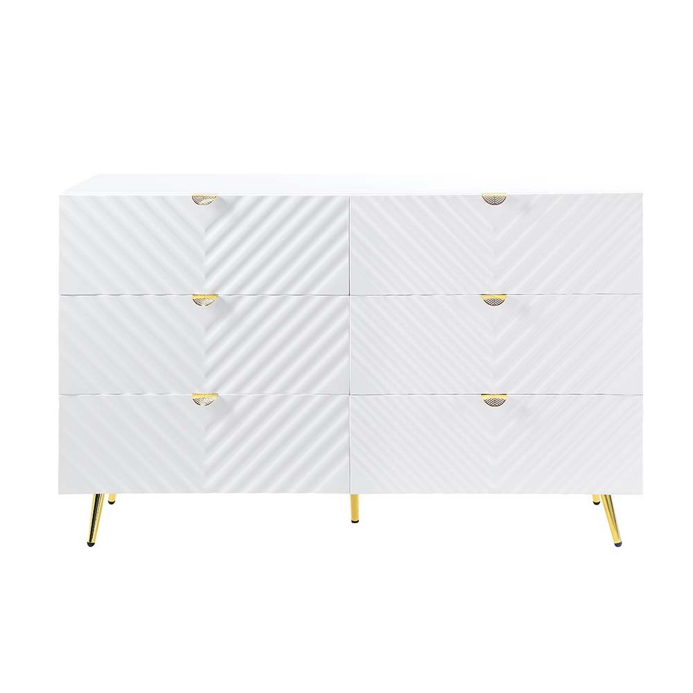 The Gaines Collection is a glamorous and sophisticated grouping that adds a chic style to any room. The white gloss finish and gold metal accents help to accentuate the clean lines of the pieces and add a pop of glamour. The diagonal line design adds visu