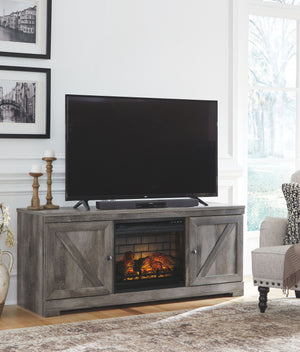 This TV stand with fireplace insert is sure to win your heart with its daring designer take on modern rustic. The standâ€™s crisp, clean and minimalist-chic profile is enriched with a striking replicated oak grain with thick plank styling and a weathered 