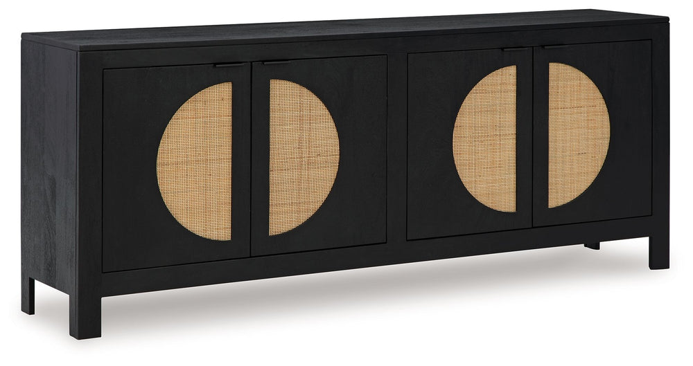 Bring high style and functionality to your home with this contemporary accent cabinet. Woven cane door fronts and a contrasting black finish bring the wow factor to this mid-century inspired piece. Whether it suits your storage needs in the dining room, h