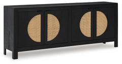 Bring high style and functionality to your home with this contemporary accent cabinet. Woven cane door fronts and a contrasting black finish bring the wow factor to this mid-century inspired piece. Whether it suits your storage needs in the dining room, h