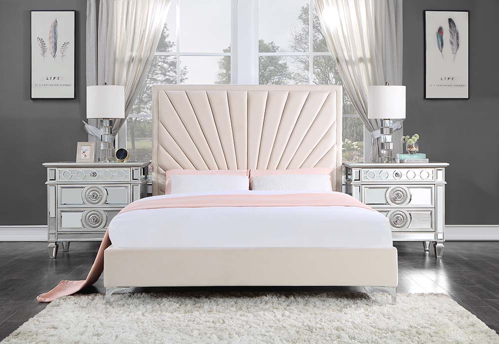 The decadent Faiz beige velvet upholstery looks like it came right out of a home magazine. This prestige bed awaits you with this unique sunburst channel-tufted headboard design to create an eye-catching focal piece in your bedroom. Metal feet provide the