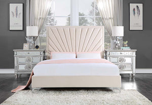 The decadent Faiz beige velvet upholstery looks like it came right out of a home magazine. This prestige bed awaits you with this unique sunburst channel-tufted headboard design to create an eye-catching focal piece in your bedroom. Metal feet provide the