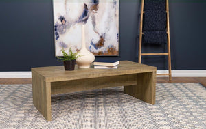  it-'s a clean silhouette with the look of roughhewn mango wood in a melamine paper finish. The rectangular table offers two solid sides and a center