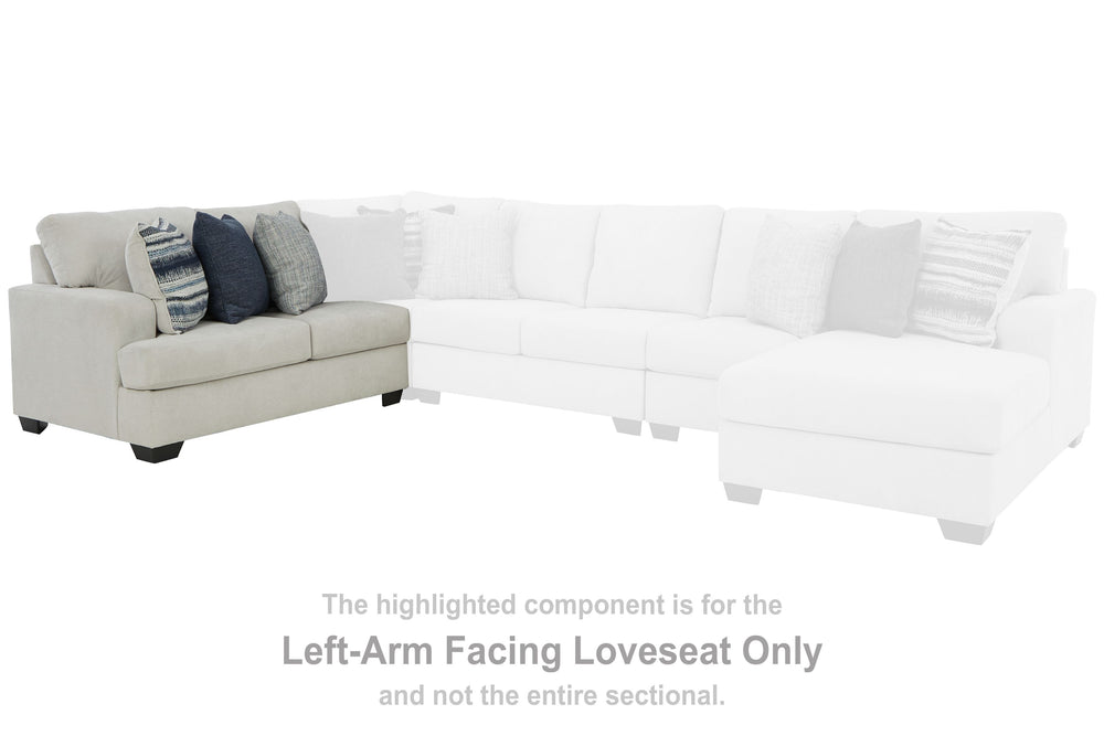 This left-arm facing loveseat is made with polyester upholstery. Pairs with other items in the series to make a sectional.<br><br><b>Additional Dimensions</b><br><ul><li>Arm height: 26-"</li><li>Seat depth: 21-"</li><li>Seat height: 21-"</li><li>Top of cu
