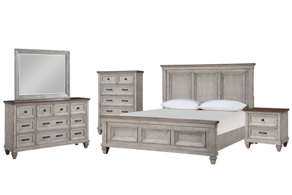 The Mariana 5-Piece Bedroom Set in Vintage CrÃ¨me seamlessly blends traditional elegance with modern functionality, making it an exquisite addition to any bedroom. Each piece, from the wood panel bed to the dresser, mirror, nightstand, and chest, is craft