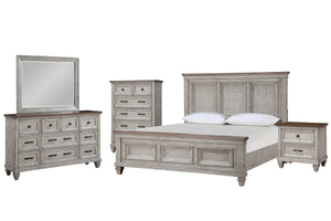 The Mariana 5-Piece Bedroom Set in Vintage CrÃ¨me seamlessly blends traditional elegance with modern functionality, making it an exquisite addition to any bedroom. Each piece, from the wood panel bed to the dresser, mirror, nightstand, and chest, is craft