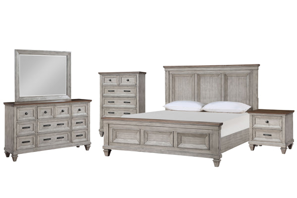 The Mariana 5-Piece Bedroom Set in Vintage CrÃ¨me seamlessly blends traditional elegance with modern functionality, making it an exquisite addition to any bedroom. Each piece, from the wood panel bed to the dresser, mirror, nightstand, and chest, is craft