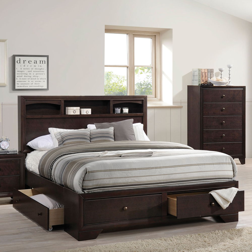 The Madison II bedroom collection features spacious storage. Clean lines and modern style are perfectly matched together, offering a sense of technology to new generation.<br/><br/><b>Product Features</b><ul><li>Box Spring Not Required</li><li>Bookcase Be