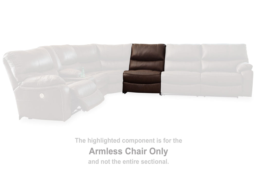 This armless chair is made with a combination of 100% top grain leather and faux leather upholstery. Pairs with other items in the series to make a sectional.<br/><br/><b>Product Features</b><ul><li>Compatible with other U82902 items, sold separately</li>