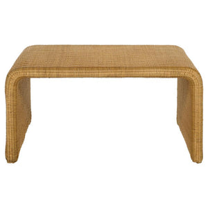  crafted from woven rattan over a sturdy metal frame. The natural finish enhances its organic texture and mid-century modern appeal. Waterfall edges extend seamlessly to the floo