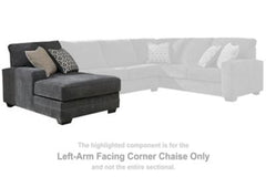 This left-arm facing corner chaise is made with polyester upholstery. Pairs with other items in the series to make a sectional.<br><br><b>Additional Dimensions</b><br><ul><li>Seat depth: 51-"</li><li>Seat height: 21-"</li><li>Arm height: 26-"</li><li>Top 