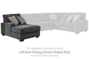 This left-arm facing corner chaise is made with polyester upholstery. Pairs with other items in the series to make a sectional.<br><br><b>Additional Dimensions</b><br><ul><li>Seat depth: 51-"</li><li>Seat height: 21-"</li><li>Arm height: 26-"</li><li>Top 