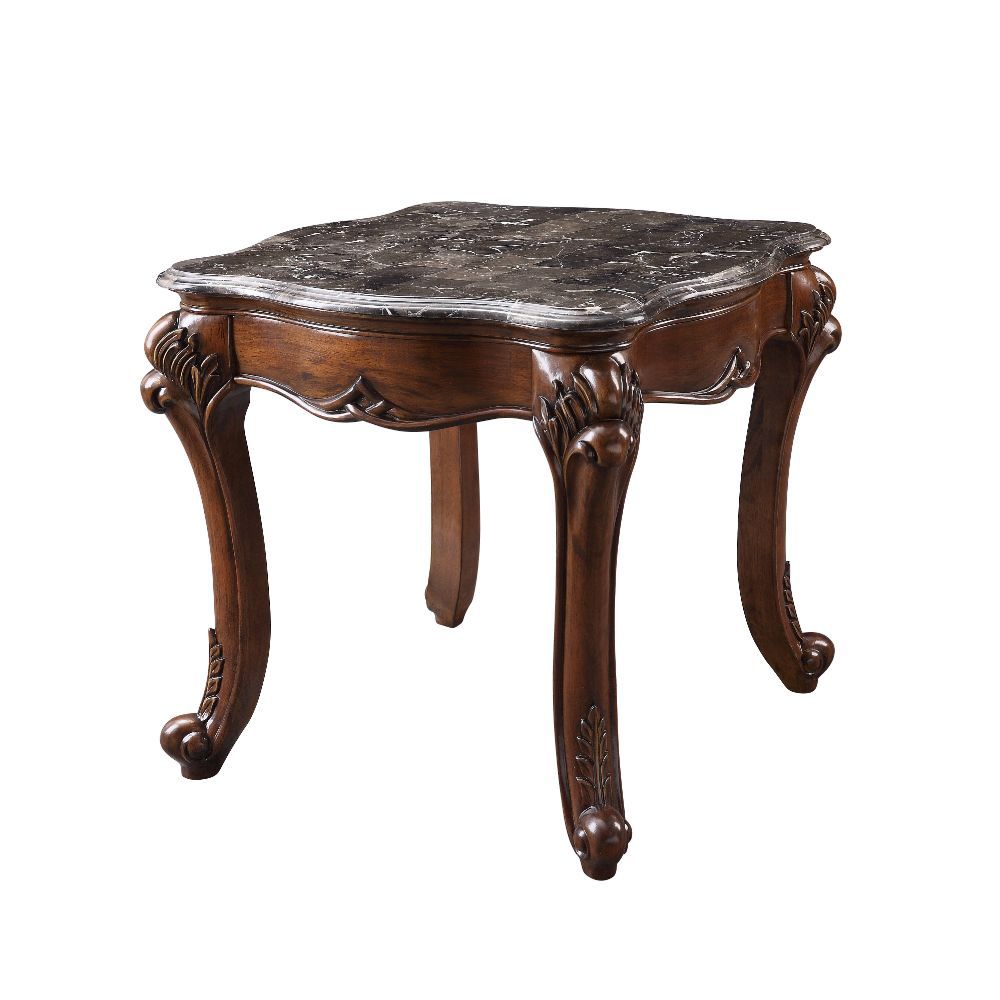 Rectangular End Table â€¢ NO Storage â€¢ Marble Top â€¢ Wooden Frame with Raised Scrolled Trim and Floral Motifs (Vintage Hand-Brush Finish) â€¢ Queen Anne Leg<br/><br/><b>Product Features</b><ul><li>Exclusive Design</li><li>Occasional Tables</li><li>Marb