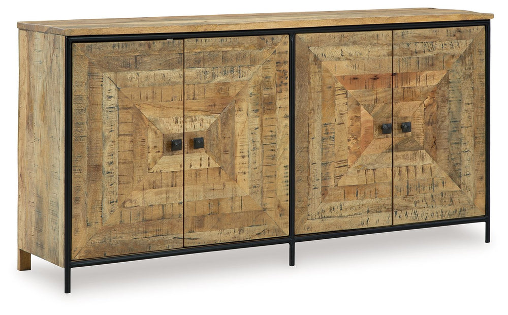 Bold in scale and rich in character, this accent cabinet makes a dramatic backdrop for entertaining. Its square patterned door fronts boast a saw mark effect, while black accents lend industrial appeal to the design. Radiating an aura of welcoming warmth,