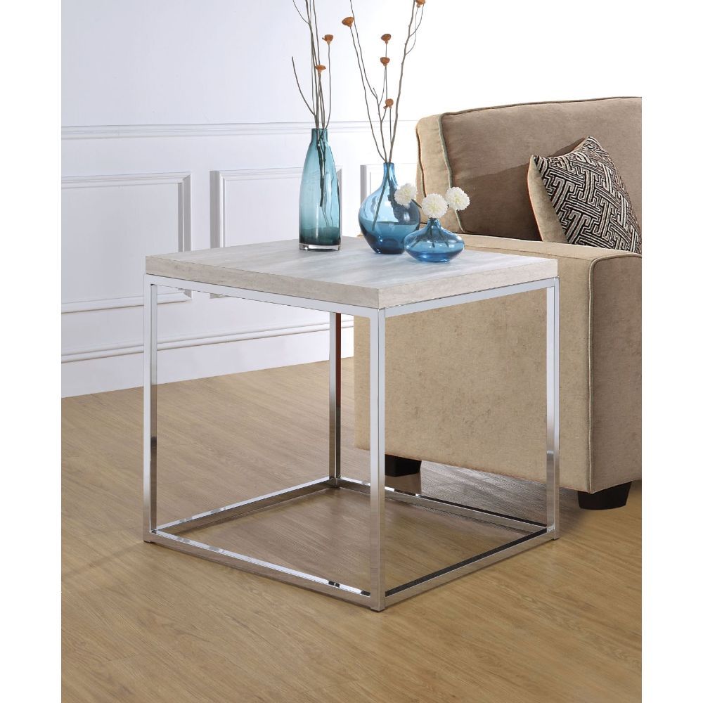 KD, Square Sled End Table â€¢ NO Storage (Open Base) â€¢â€¢ CONSTRUCTION â€¢â€¢ Wood Top: PB (Fixed Top/No Apron) â€¢ Metal Sled Base: Chrome Finish, Metal Tube w/Plating (20/20mm)<br/><br/><b>Product Features</b><ul><li>Occasional Table</li><li>Sofa Tabl