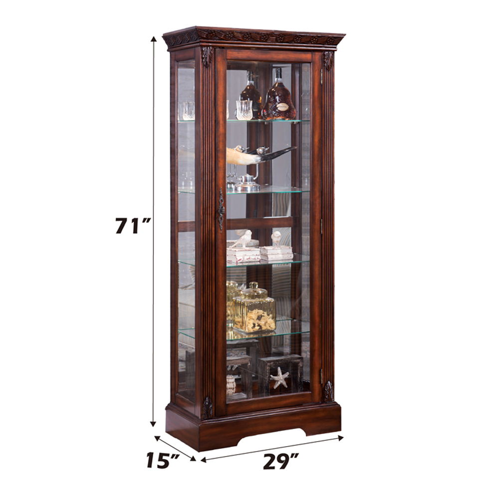 The Addy Curio Cabinet will add beauty and design to any room. This detailed and stylish cabinet has tempered glass doors and shelves and is uniquely designed to be a welcome addition to your decorative collection.Â This sophisticated cabinet in a warm ch