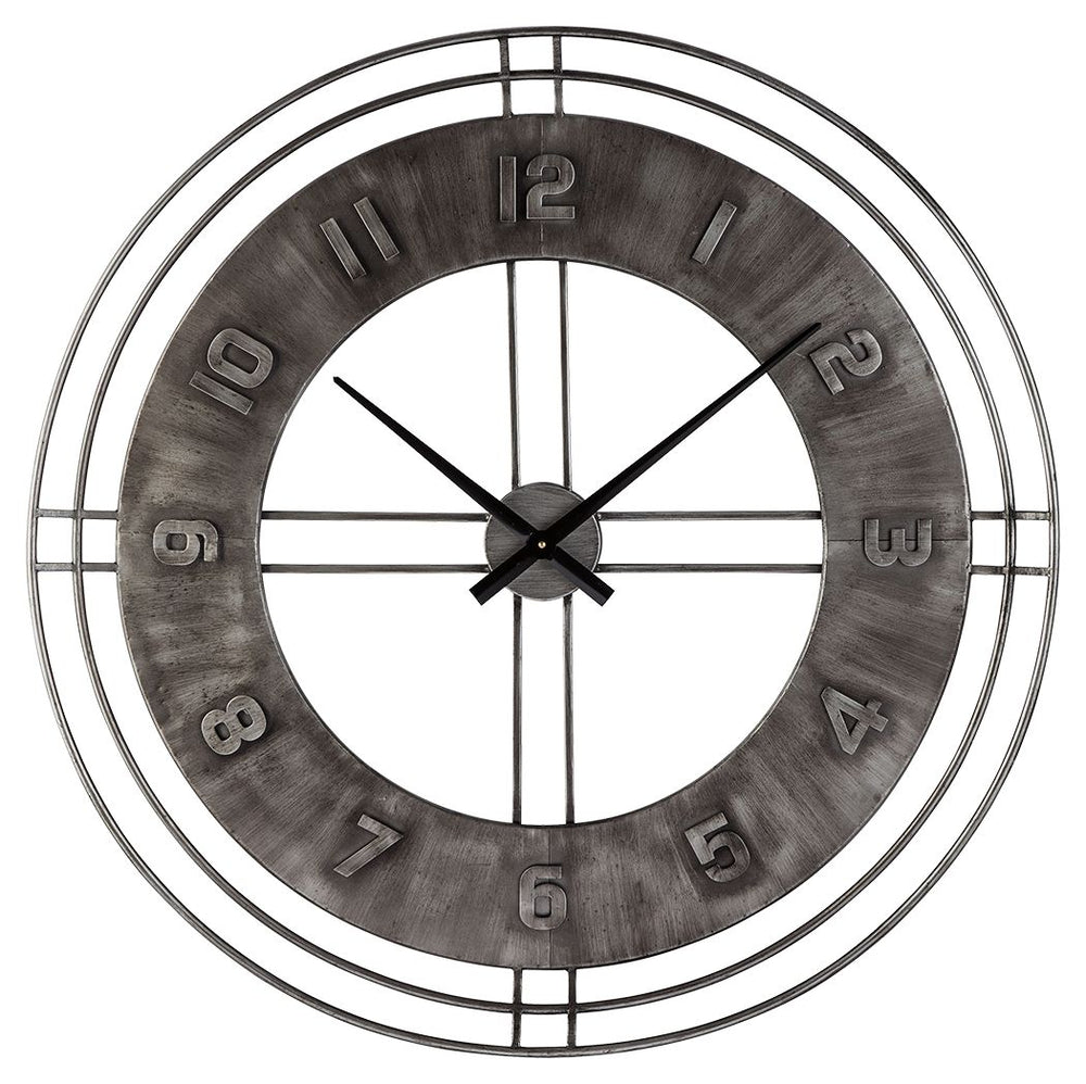 Merging an antiqued gray finish with a minimalist chic open design, this wall clock offers a timeless sense of style that can suit vintage-inspired and contemporary spaces equally well. Raised numbers give a simply striking look added dimension.<br/><br/>