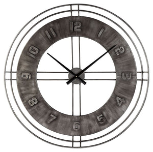 Merging an antiqued gray finish with a minimalist chic open design, this wall clock offers a timeless sense of style that can suit vintage-inspired and contemporary spaces equally well. Raised numbers give a simply striking look added dimension.<br/><br/>