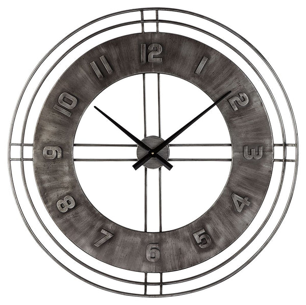 Merging an antiqued gray finish with a minimalist chic open design, this wall clock offers a timeless sense of style that can suit vintage-inspired and contemporary spaces equally well. Raised numbers give a simply striking look added dimension.<br/><br/>