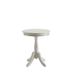 Offered in four colors: White, light yellow, black and light green in the sought after shabby chic look. The Alger side table exemplifies this look and elegantly designed with its traditional design of round top, shapely turned base and four stylized knee