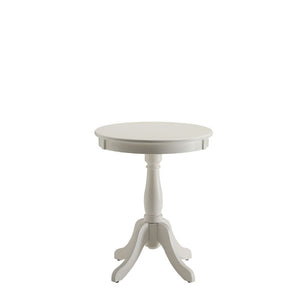 Offered in four colors: White, light yellow, black and light green in the sought after shabby chic look. The Alger side table exemplifies this look and elegantly designed with its traditional design of round top, shapely turned base and four stylized knee