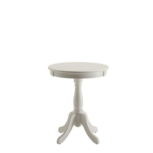 Offered in four colors: White, light yellow, black and light green in the sought after shabby chic look. The Alger side table exemplifies this look and elegantly designed with its traditional design of round top, shapely turned base and four stylized knee