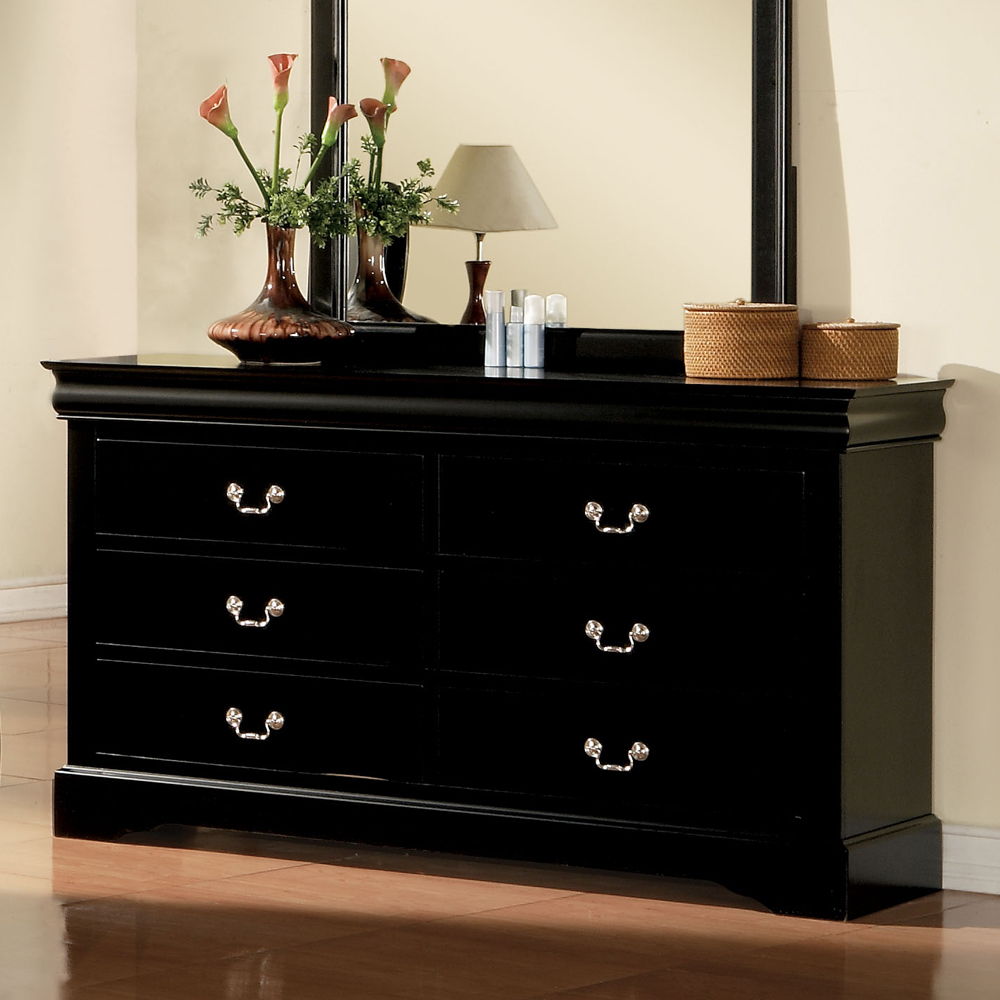 This Louis Philippe III dresser comes in black, cherry, white, and antique gray finish. Features six drawers that provide ample space to store your clothing, bedding and linens. All drawers have brushed nicked metal hardware and center metal glides. This 
