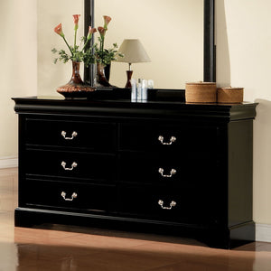 This Louis Philippe III dresser comes in black, cherry, white, and antique gray finish. Features six drawers that provide ample space to store your clothing, bedding and linens. All drawers have brushed nicked metal hardware and center metal glides. This 