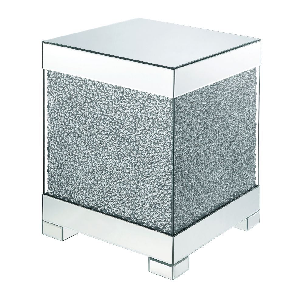 Assembled, Square End Table â€¢ NO Storage â€¢ Features: Mirrored Top, Base w/Faux Crystals & Clear Glass â€¢â€¢ CONSTRUCTION â€¢â€¢ Mirrored Top & Base: Beveled Mirror, MDF â€¢ Case: Faux Crystals, 4mm Clear Tempered Glass, MDF â€¢ Mirrored Square Leg: B