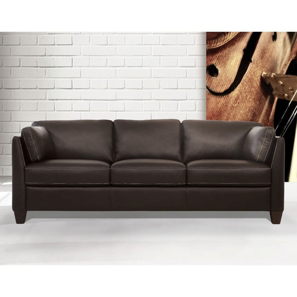 The Matias sofa set is one youâ€™ll want to spend lots of time in. This beautiful dusty white or chocolate leather sofa features contrast tone stitching and unique wooden block legs. Its deep, comfy seat and sloped style padded arms with pillow give it an