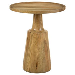 This global-inspired round accent table offers a striking design for any space. An elegant, solid contoured base tapers toward the top that supports a round table surface. Raised edges define the silhouette even further and keep items in place. Made of an