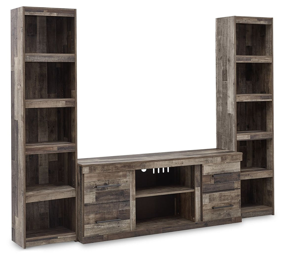 Make this entertainment center the center of attention with its popular urban eclectic style. Its rustic finish over a replicated pine grain creates an authentic natural look for your home entertainment area. You-'ll love its functionality. Two tall piers