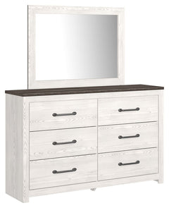 Cool, clean and casually modern. This dresser and mirrorâ€™s wispy whitewash and gray finish sets the tone for your calming sanctuary. Large linear pulls add dimension and authenticity. Six smooth-gliding drawers neatly accommodate your bedside needs. <h4