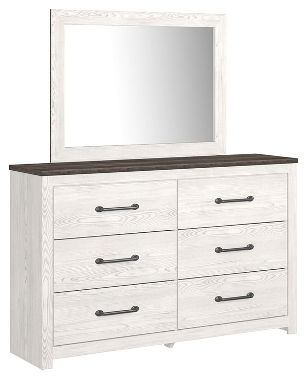 Cool, clean and casually modern. This dresser and mirrorâ€™s wispy whitewash and gray finish sets the tone for your calming sanctuary. Large linear pulls add dimension and authenticity. Six smooth-gliding drawers neatly accommodate your bedside needs. <h4