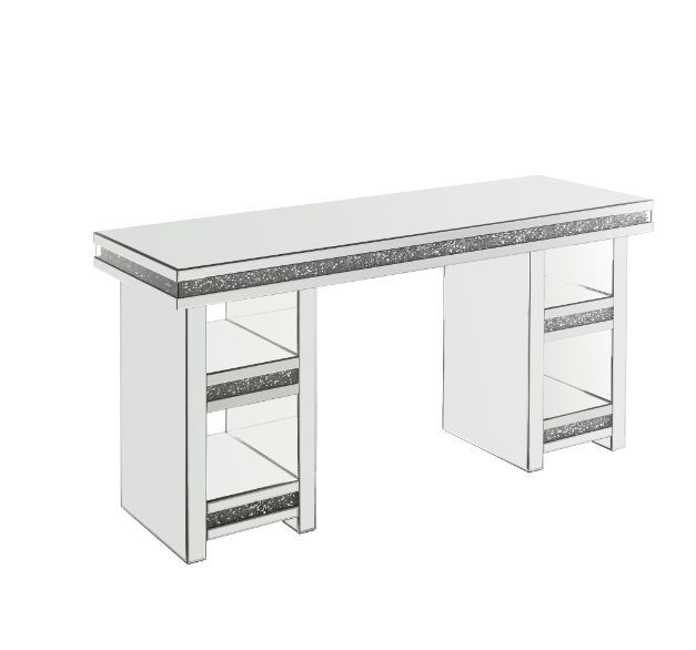 The modern and glam-inspired design makes this writing desk set a truly unique style for your workplace. The desk consists of two storage side tables under desk top, each side table comes with two tier shelf. Faux diamonds border trim enhances it-'s desig
