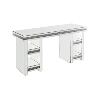 The modern and glam-inspired design makes this writing desk set a truly unique style for your workplace. The desk consists of two storage side tables under desk top, each side table comes with two tier shelf. Faux diamonds border trim enhances it-'s desig