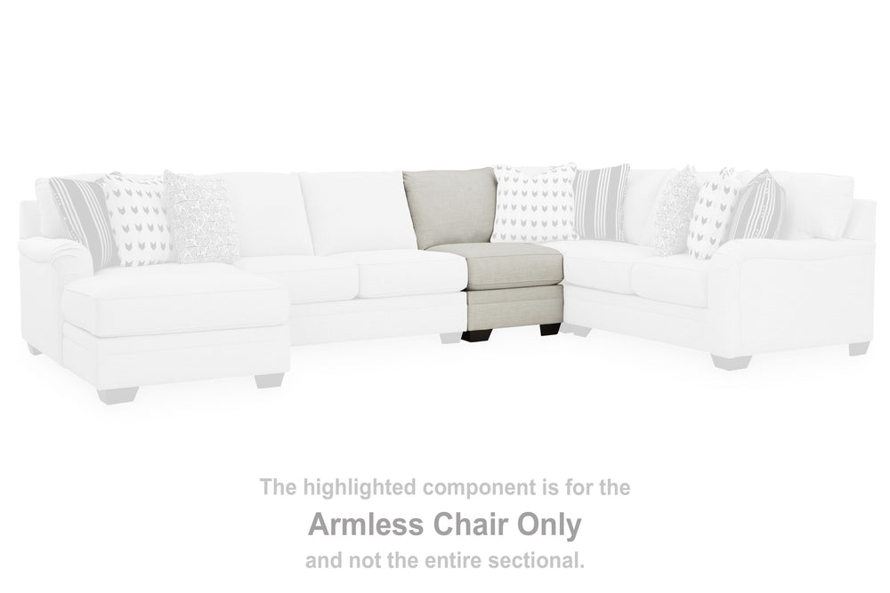 This armless chair is made with polyester/linen/viscose upholstery. Pairs with other items in the series to make a sectional.<br><br><b>Additional Dimensions</b><br><ul><li>Seat depth: 23-"</li><li>Seat height: 21-"</li><li>Top of cushion to top of back: 