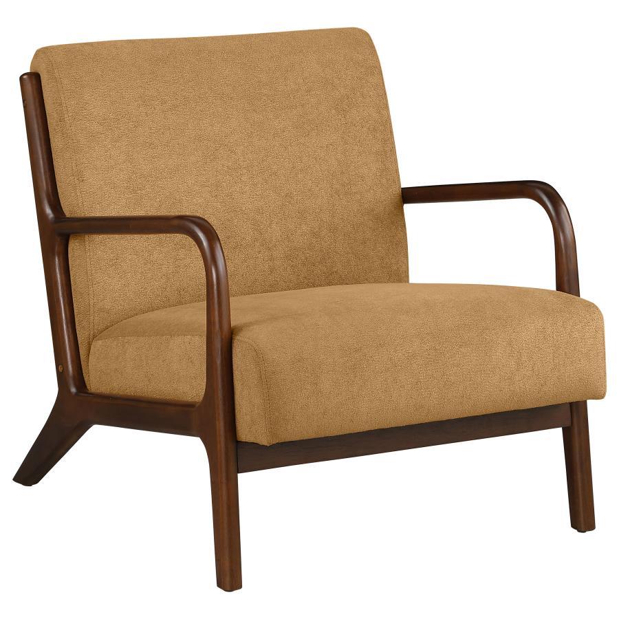 Infuse a little color into your existing space with a modern accent armchair. Its understated upholstery is soft and welcoming, perfectly complementing surrounding decor for a seamless look. The chair is built with a structured wood frame, complete with g