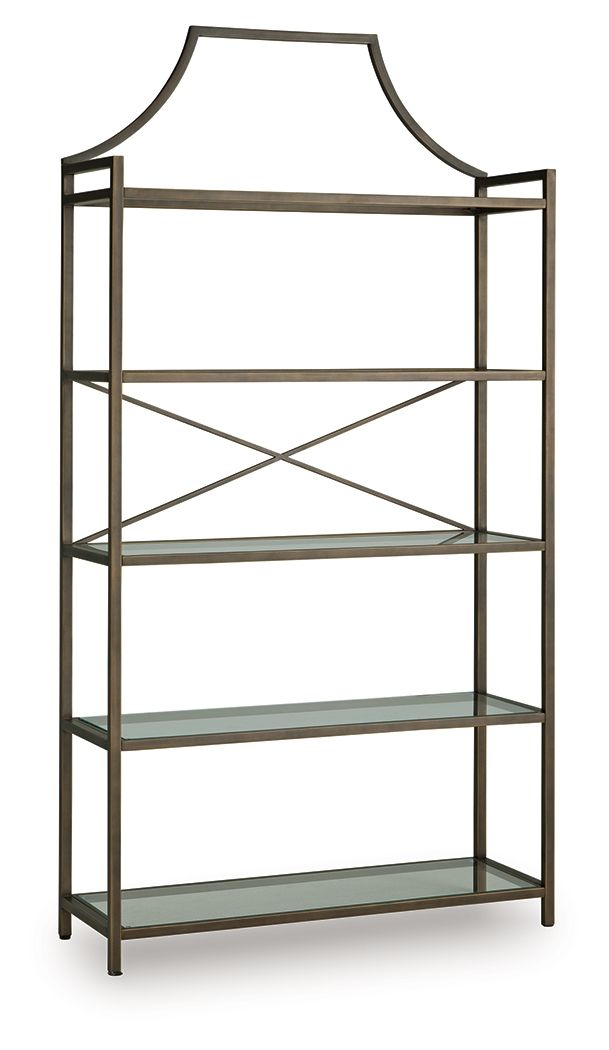 Classic design effortlessly blends with modern functionality in this elegant bookcase. Its antiqued bronze-tone finish adds a touch of warmth and sophistication, while the clear glass shelves create an airy and spacious feel. Itâ€™s exactly what youâ€™ve 