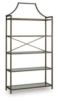 Classic design effortlessly blends with modern functionality in this elegant bookcase. Its antiqued bronze-tone finish adds a touch of warmth and sophistication, while the clear glass shelves create an airy and spacious feel. Itâ€™s exactly what youâ€™ve 