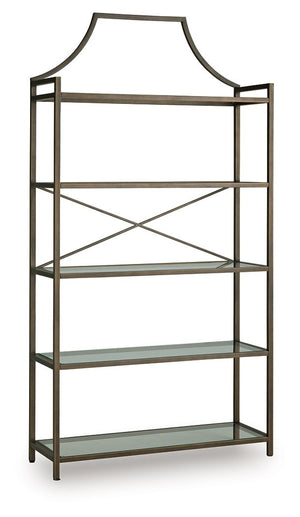 Classic design effortlessly blends with modern functionality in this elegant bookcase. Its antiqued bronze-tone finish adds a touch of warmth and sophistication, while the clear glass shelves create an airy and spacious feel. Itâ€™s exactly what youâ€™ve 