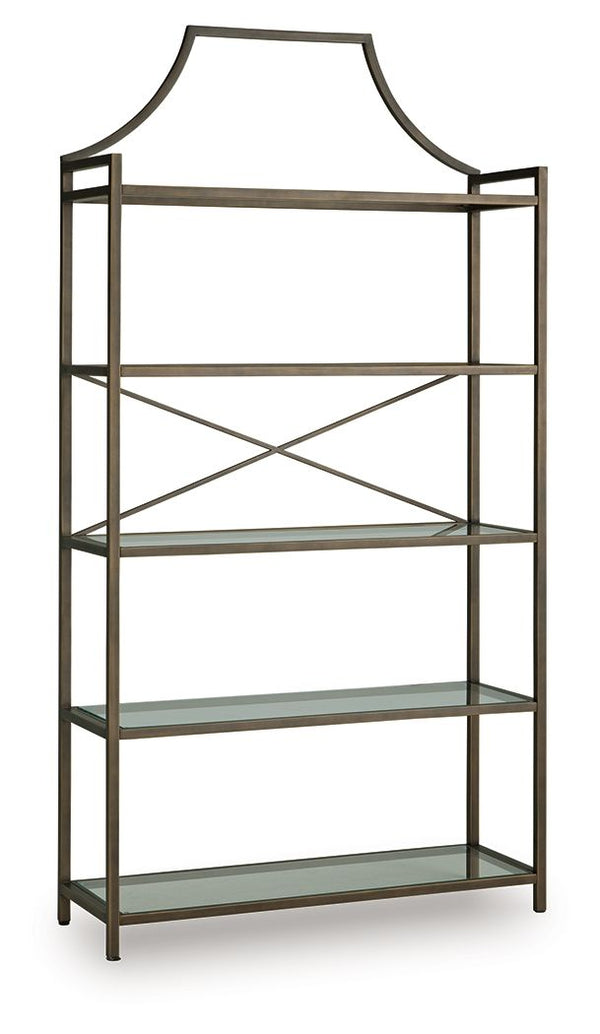 Classic design effortlessly blends with modern functionality in this elegant bookcase. Its antiqued bronze-tone finish adds a touch of warmth and sophistication, while the clear glass shelves create an airy and spacious feel. Itâ€™s exactly what youâ€™ve 
