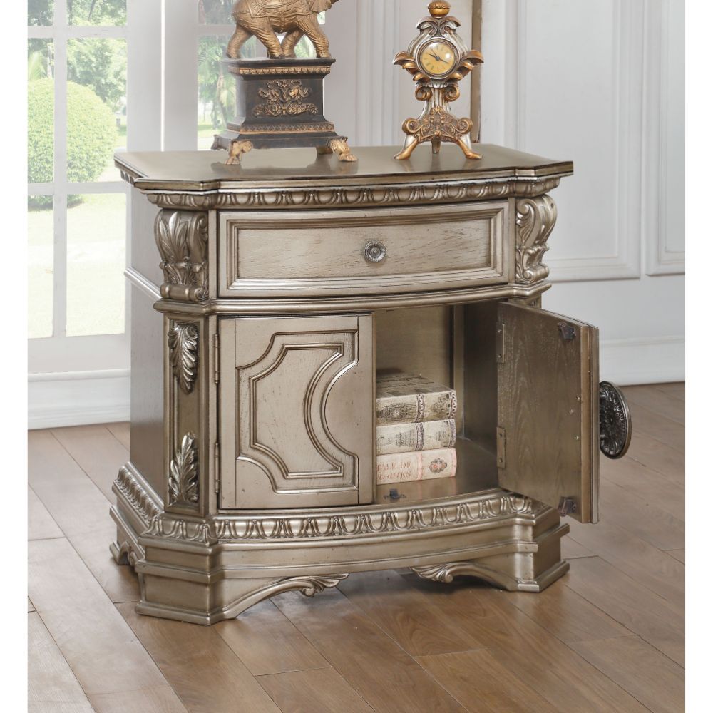 Shaped Wooden Top 1 Drw & 2 Wooden Doors (Recessed Front Panels) Drawer: Glide Side Metal (27mm Ball Bearing, Full Ext.), Dovetail French Front, Felt-Lined Top Drawer, Safety Stop Included, Manual Close, Hdw Drawer: Silver Gray Metal, Drawer: Single Knob,