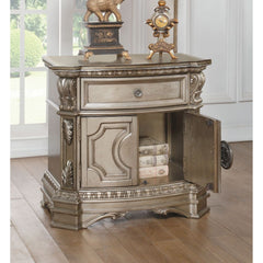 Shaped Wooden Top 1 Drw & 2 Wooden Doors (Recessed Front Panels) Drawer: Glide Side Metal (27mm Ball Bearing, Full Ext.), Dovetail French Front, Felt-Lined Top Drawer, Safety Stop Included, Manual Close, Hdw Drawer: Silver Gray Metal, Drawer: Single Knob,