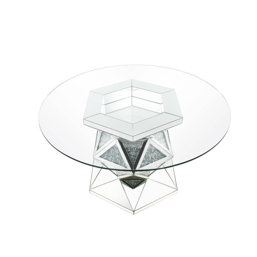 The Noralie dining set is the perfect centerpiece for any social gathering. A clear glass top keeps the focus on the sparkling faux diamond inlay of the pedestal table base. Matching side chairs feature curved cabriole legs in a stainless steel finish tha