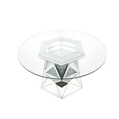 The Noralie dining set is the perfect centerpiece for any social gathering. A clear glass top keeps the focus on the sparkling faux diamond inlay of the pedestal table base. Matching side chairs feature curved cabriole legs in a stainless steel finish tha